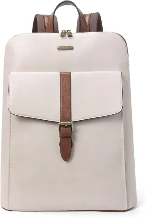 CLUCI Leather Laptop Backpack for Women 15.6 inch Computer Backpack Stylish Travel Backpack Purse for Women Work Daypack Bag Off-white with brown