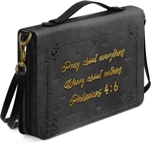 COEQINE Bible Cover Case for Women Large Size Leather Bible Case with Shoulder Strap,Gray Boho Bible Book Cover Bag Christian -Pray About Everything Worry About Nothing