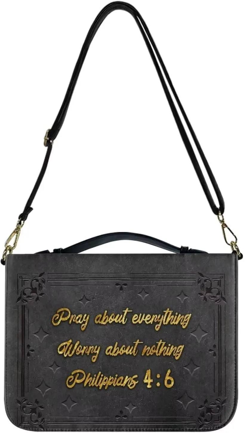 COEQINE Bible Cover Case for Women Large Size Leather Bible Case with Shoulder Strap,Gray Boho Bible Book Cover Bag Christian -Pray About Everything Worry About Nothing