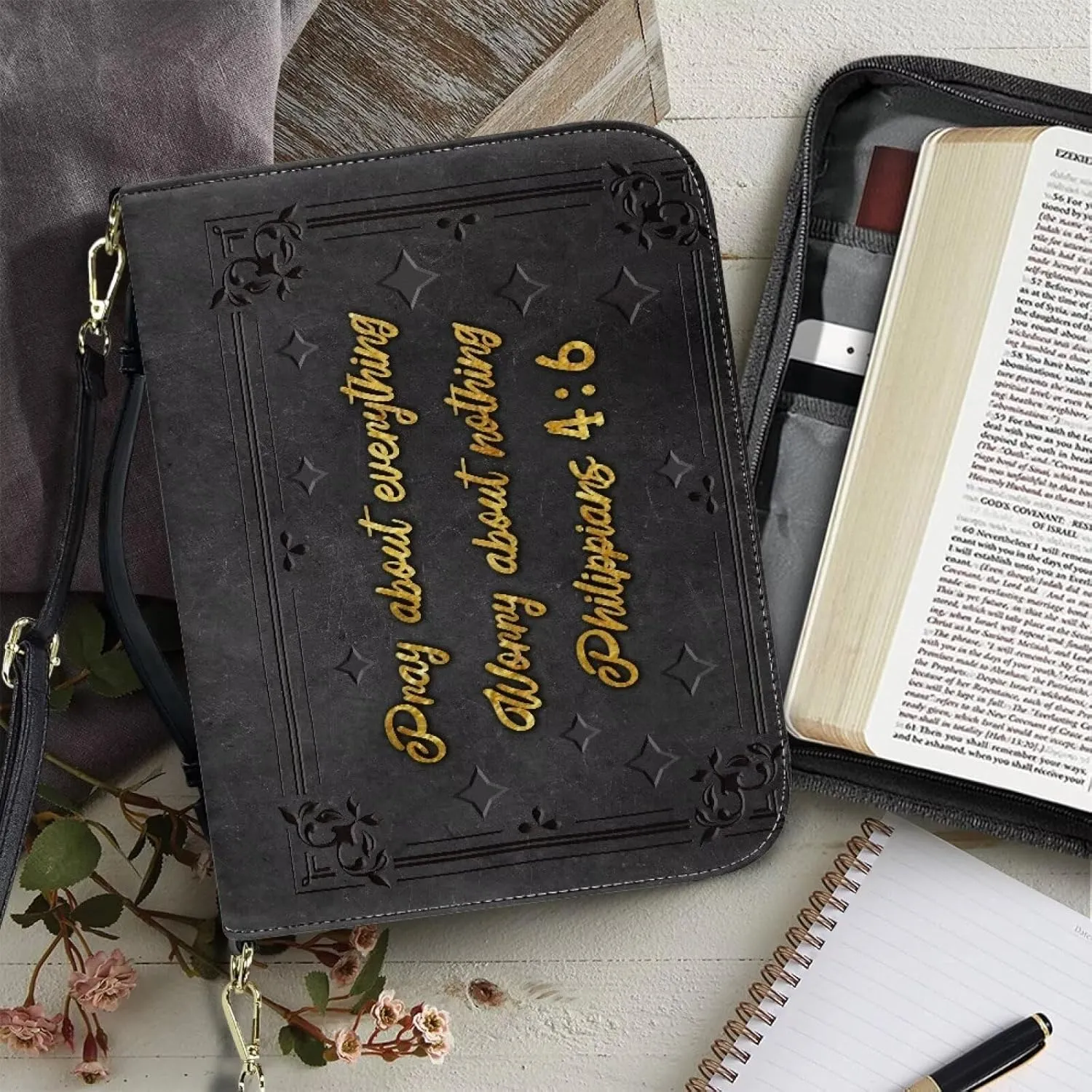 COEQINE Bible Cover Case for Women Large Size Leather Bible Case with Shoulder Strap,Gray Boho Bible Book Cover Bag Christian -Pray About Everything Worry About Nothing
