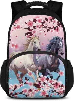 COEQINE Cherry Blossom Horses Backpack Insulated Lunch Hiking Backpack For Kids With Water Holder for Travel Leafproof Lunch Backpack With Handles