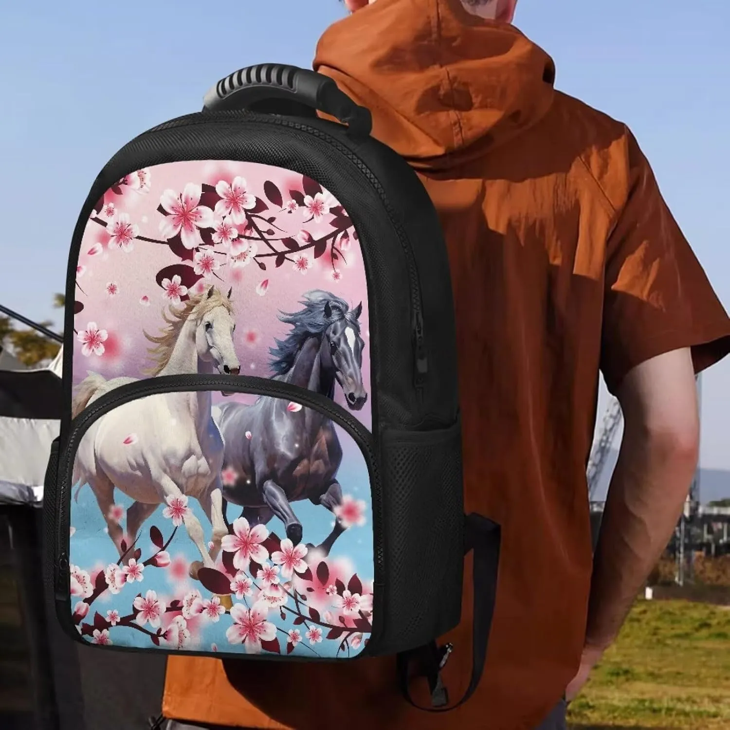 COEQINE Cherry Blossom Horses Backpack Insulated Lunch Hiking Backpack For Kids With Water Holder for Travel Leafproof Lunch Backpack With Handles