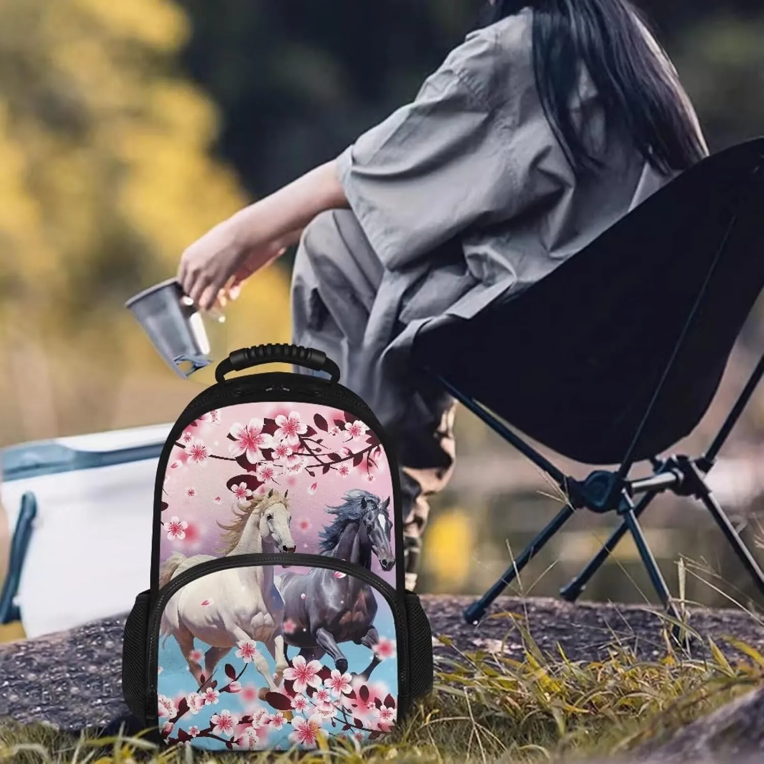 COEQINE Cherry Blossom Horses Backpack Insulated Lunch Hiking Backpack For Kids With Water Holder for Travel Leafproof Lunch Backpack With Handles