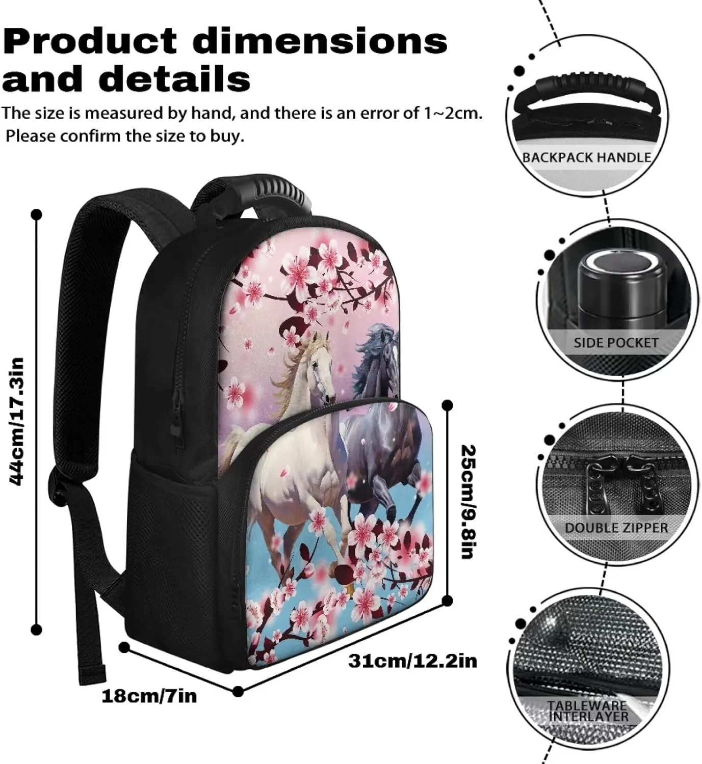 COEQINE Cherry Blossom Horses Backpack Insulated Lunch Hiking Backpack For Kids With Water Holder for Travel Leafproof Lunch Backpack With Handles