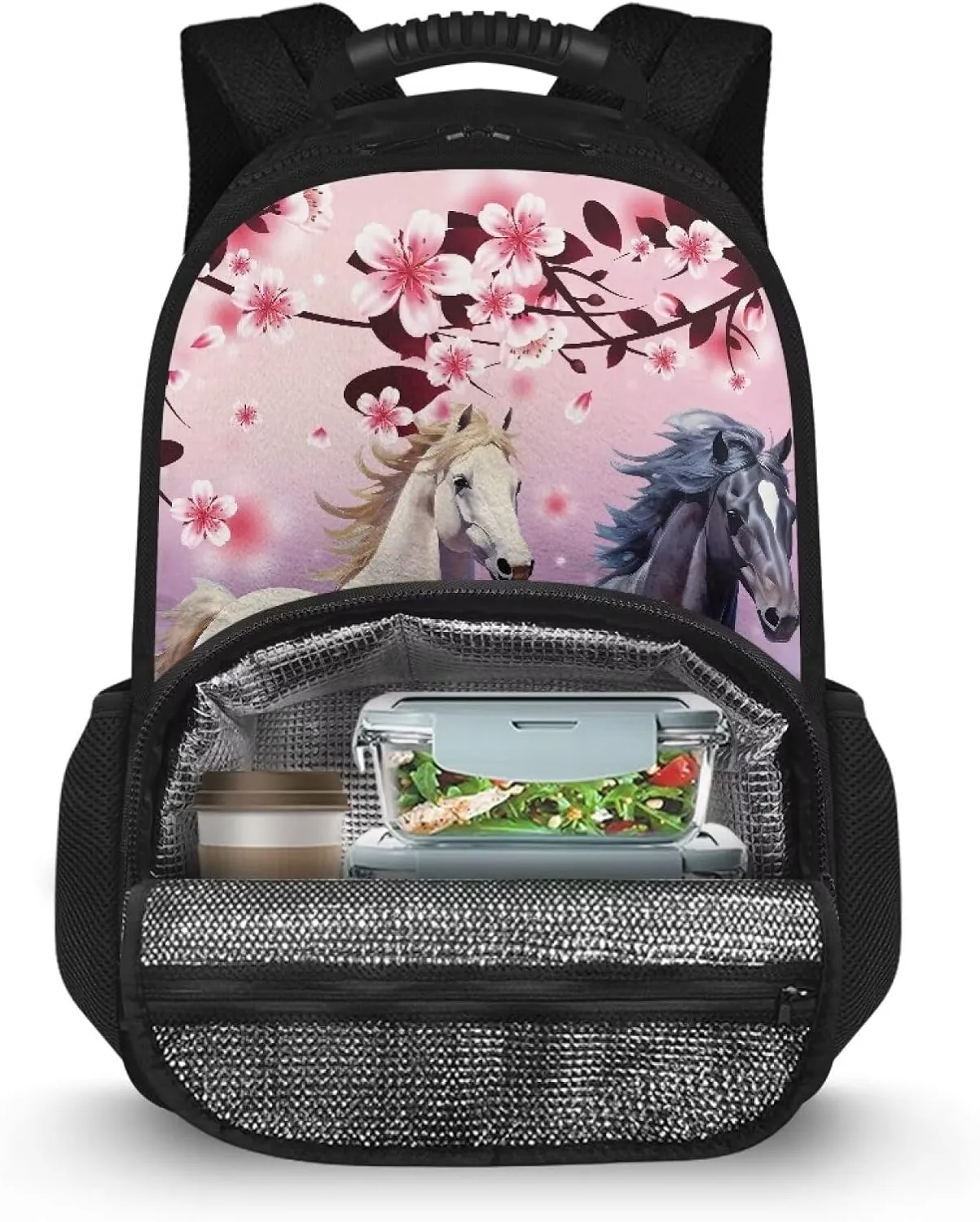 COEQINE Cherry Blossom Horses Backpack Insulated Lunch Hiking Backpack For Kids With Water Holder for Travel Leafproof Lunch Backpack With Handles