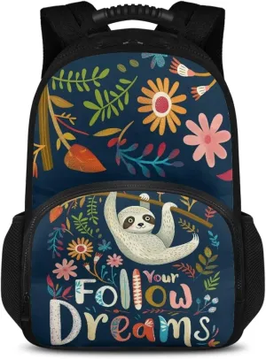 COEQINE Cute Cooler Backpack Hiking Backpack Carrier For Kids Leafproof Backpack With Lunch Box Kids Girls Cute Kawaii Sloth Flower Print Lunch Backpack With Handles