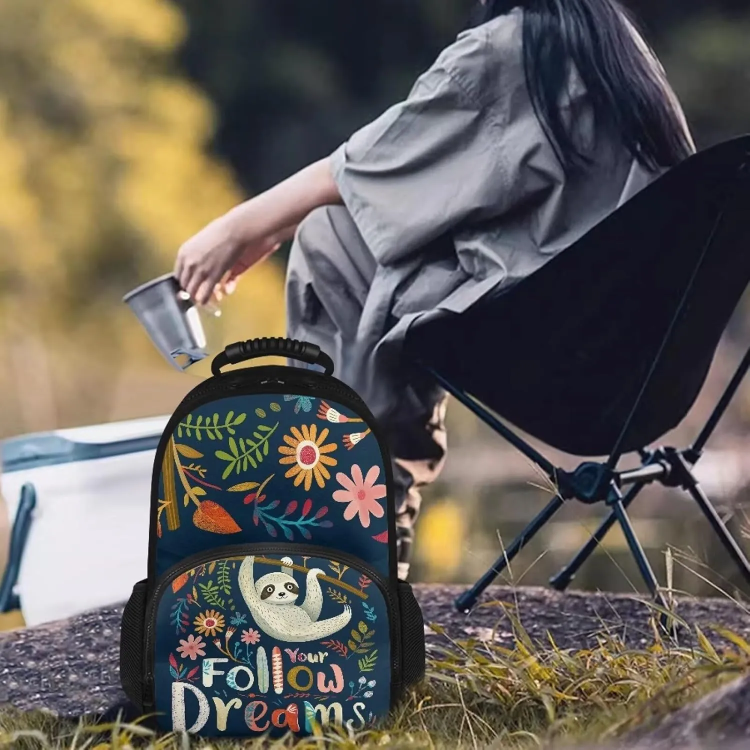 COEQINE Cute Cooler Backpack Hiking Backpack Carrier For Kids Leafproof Backpack With Lunch Box Kids Girls Cute Kawaii Sloth Flower Print Lunch Backpack With Handles