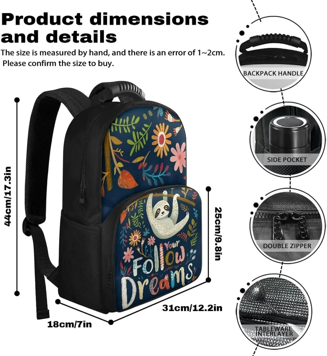 COEQINE Cute Cooler Backpack Hiking Backpack Carrier For Kids Leafproof Backpack With Lunch Box Kids Girls Cute Kawaii Sloth Flower Print Lunch Backpack With Handles