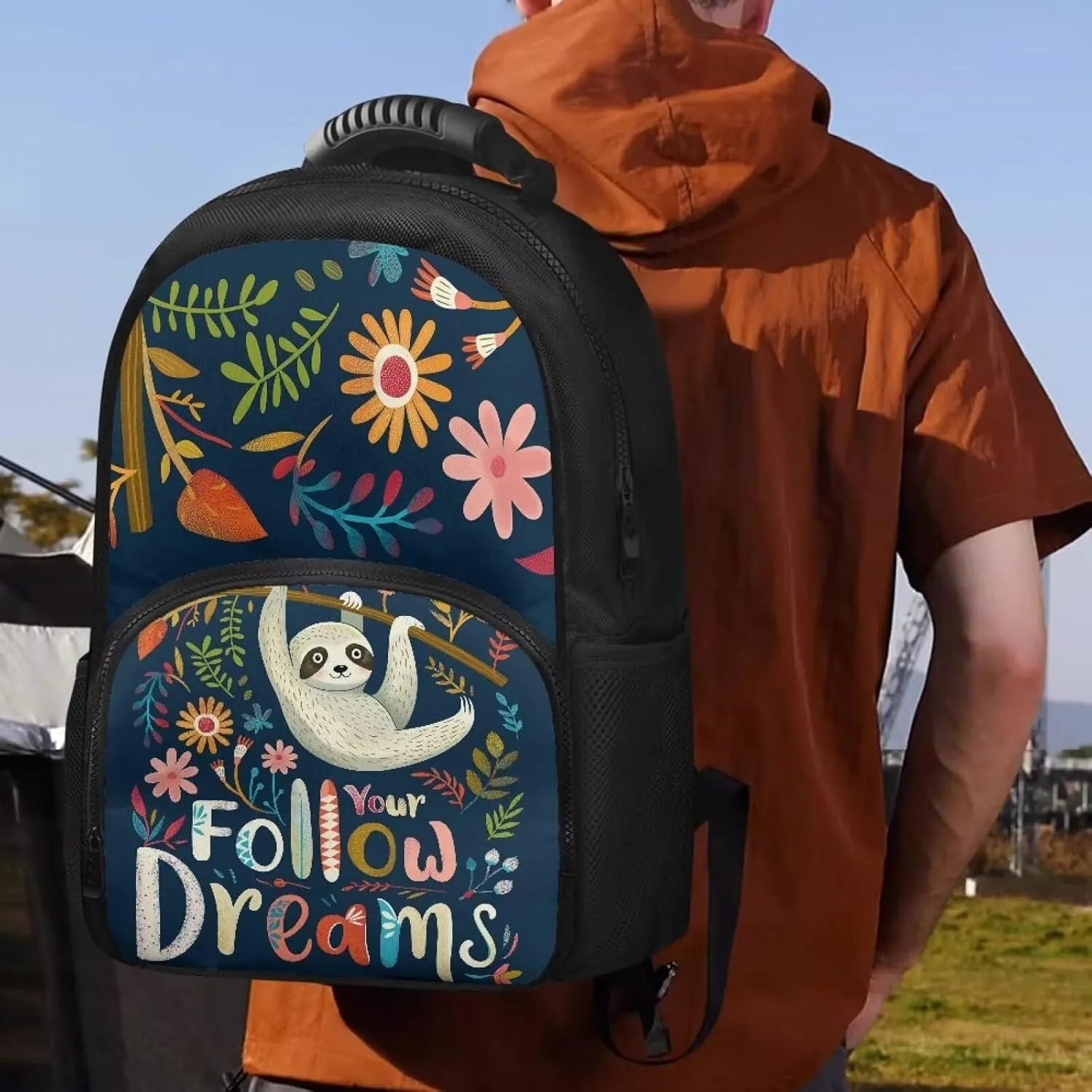 COEQINE Cute Cooler Backpack Hiking Backpack Carrier For Kids Leafproof Backpack With Lunch Box Kids Girls Cute Kawaii Sloth Flower Print Lunch Backpack With Handles