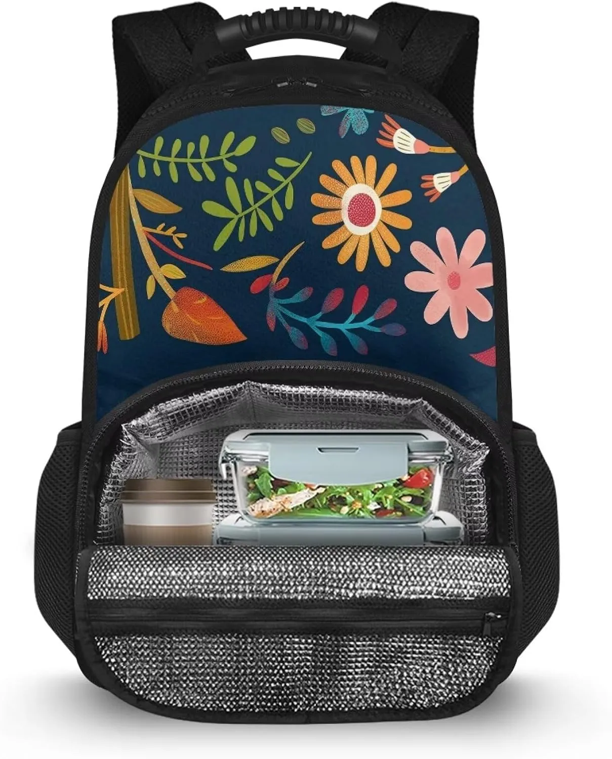 COEQINE Cute Cooler Backpack Hiking Backpack Carrier For Kids Leafproof Backpack With Lunch Box Kids Girls Cute Kawaii Sloth Flower Print Lunch Backpack With Handles