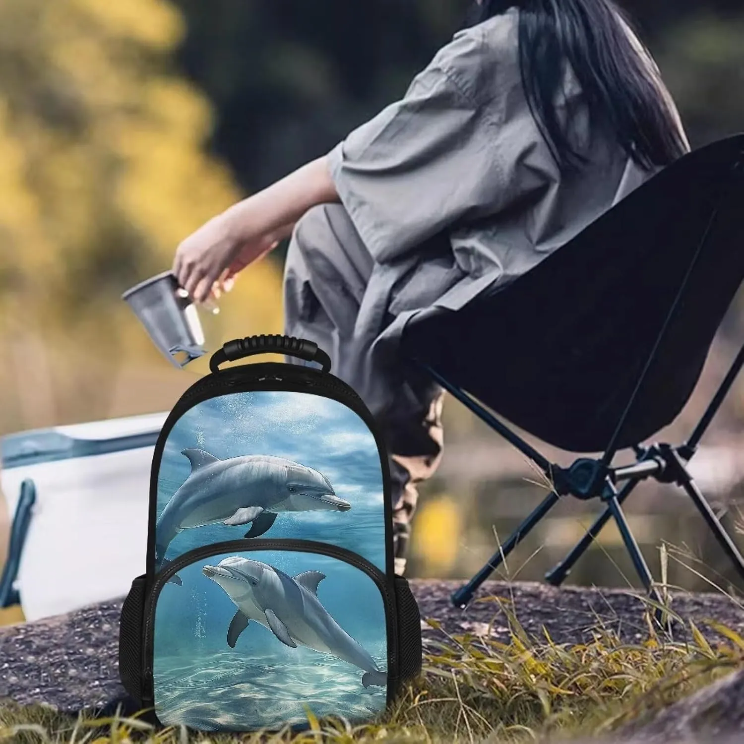 COEQINE Cute Dolphin Backpack for Women Ocean Animal Lunch Backpack Work Bag 17 In Large Capacity Insulated Bookbag Laptop Bag Cartoon Large Capacity Laptop Bag for Students