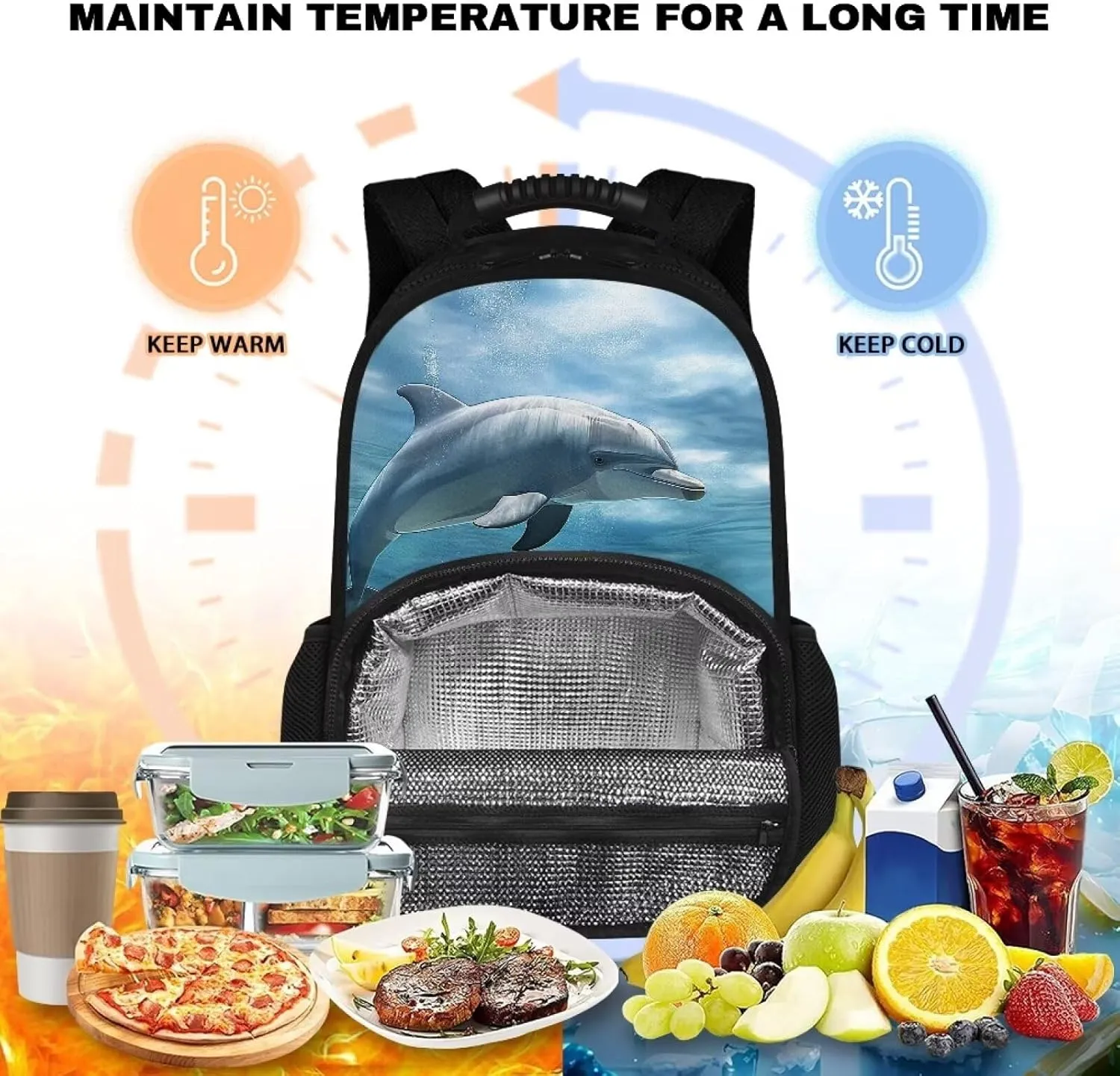 COEQINE Cute Dolphin Backpack for Women Ocean Animal Lunch Backpack Work Bag 17 In Large Capacity Insulated Bookbag Laptop Bag Cartoon Large Capacity Laptop Bag for Students