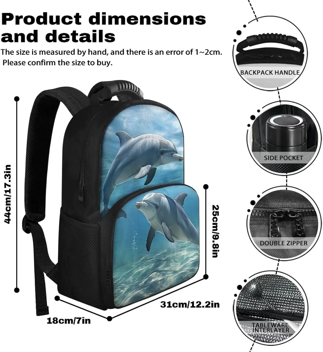 COEQINE Cute Dolphin Backpack for Women Ocean Animal Lunch Backpack Work Bag 17 Inch Large Capacity Insulated Bookbag Laptop Bag Cartoon Large Capacity Laptop Bag for Students
