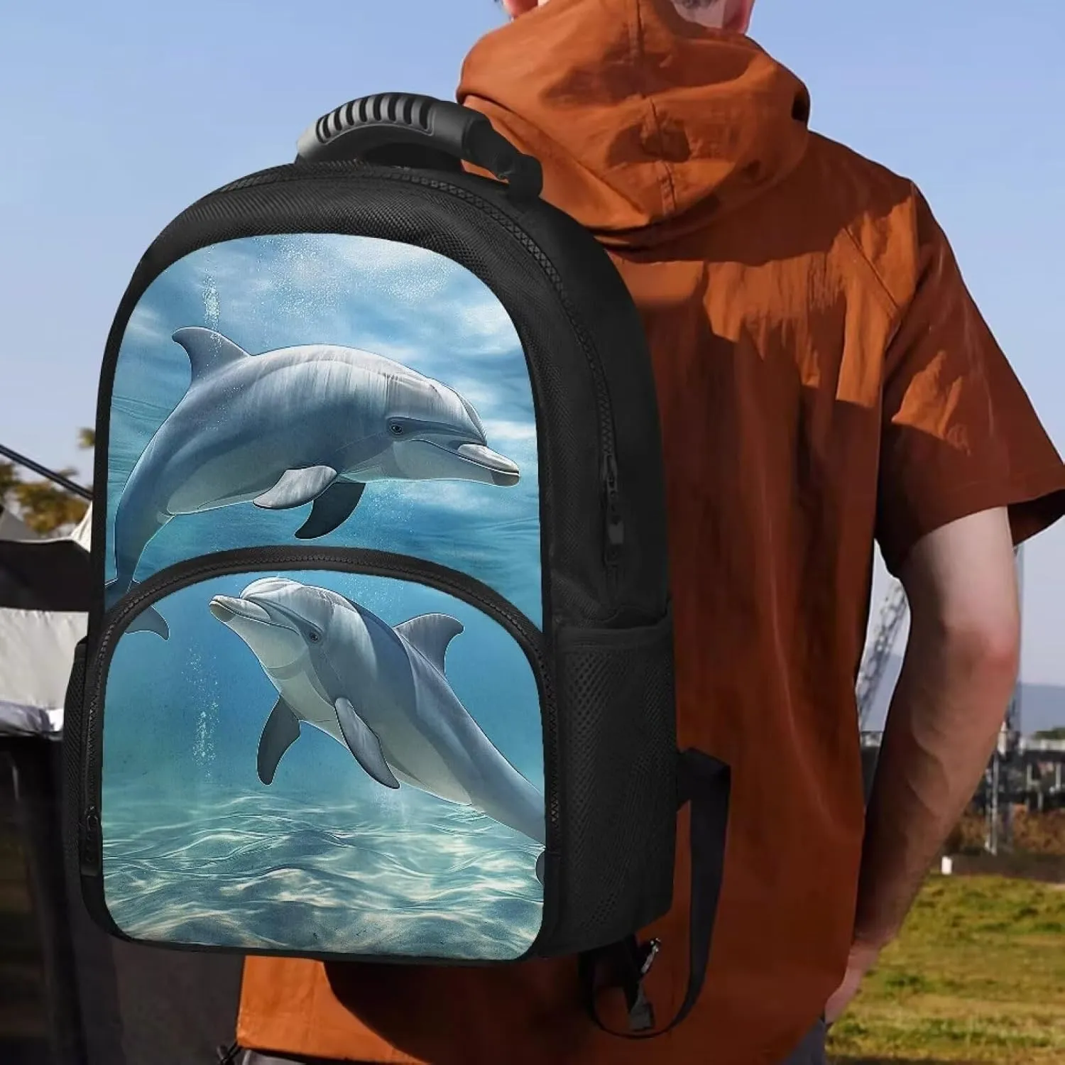 COEQINE Cute Dolphin Backpack for Women Ocean Animal Lunch Backpack Work Bag 17 Inch Large Capacity Insulated Bookbag Laptop Bag Cartoon Large Capacity Laptop Bag for Students