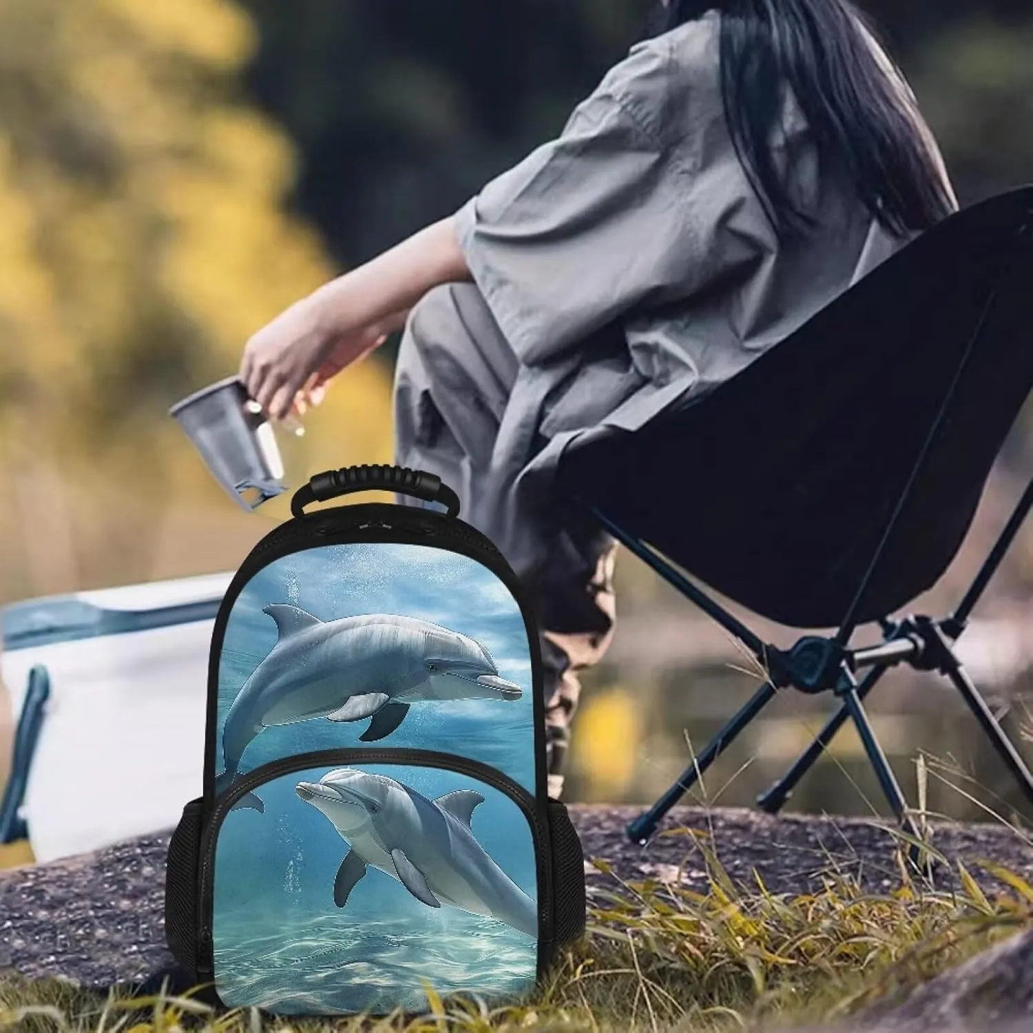 COEQINE Cute Dolphin Backpack for Women Ocean Animal Lunch Backpack Work Bag 17 Inch Large Capacity Insulated Bookbag Laptop Bag Cartoon Large Capacity Laptop Bag for Students