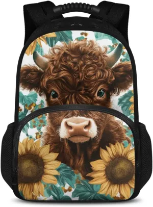 COEQINE Highland Cow Backpack for Women with Lunch Box Compartment Insulated Lunch Box for Women Work Sunflower Handbag with handles
