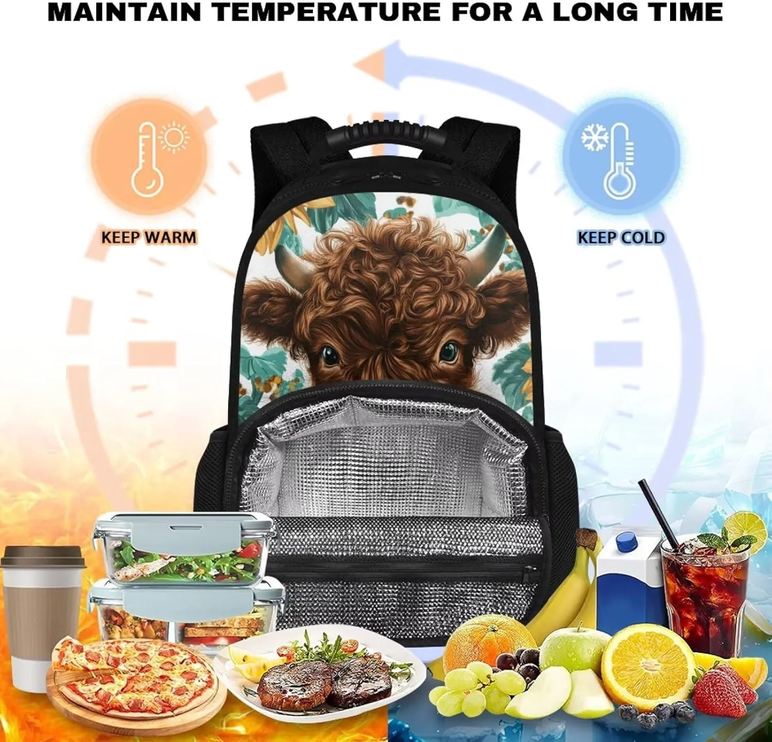 COEQINE Highland Cow Backpack for Women with Lunch Box Compartment Insulated Lunch Box for Women Work Sunflower Handbag with handles
