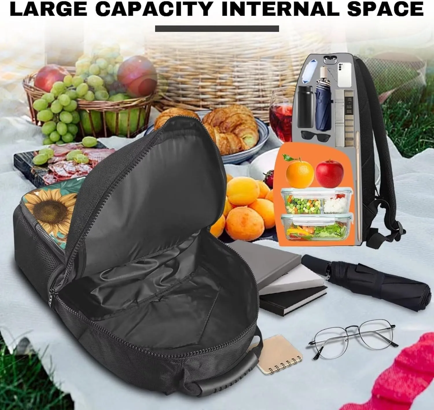 COEQINE Highland Cow Backpack for Women with Lunch Box Compartment Insulated Lunch Box for Women Work Sunflower Handbag with handles