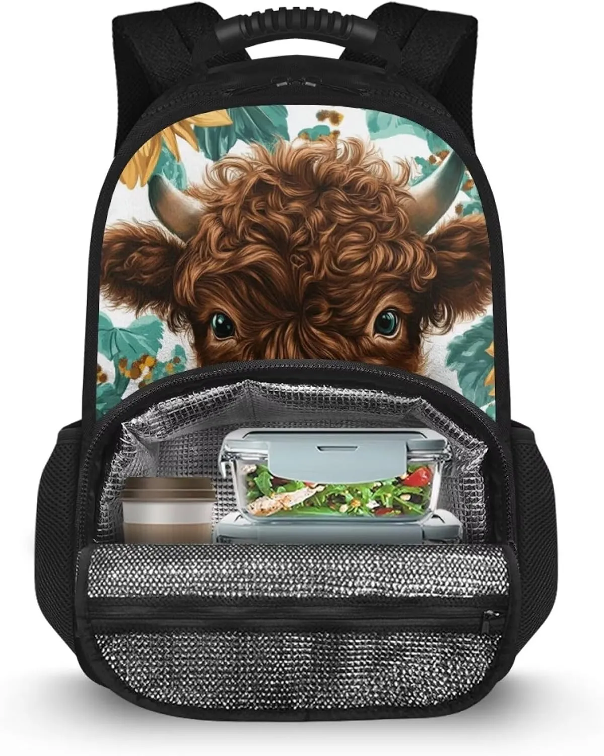 COEQINE Highland Cow Backpack for Women with Lunch Box Compartment Insulated Lunch Box for Women Work Sunflower Handbag with handles