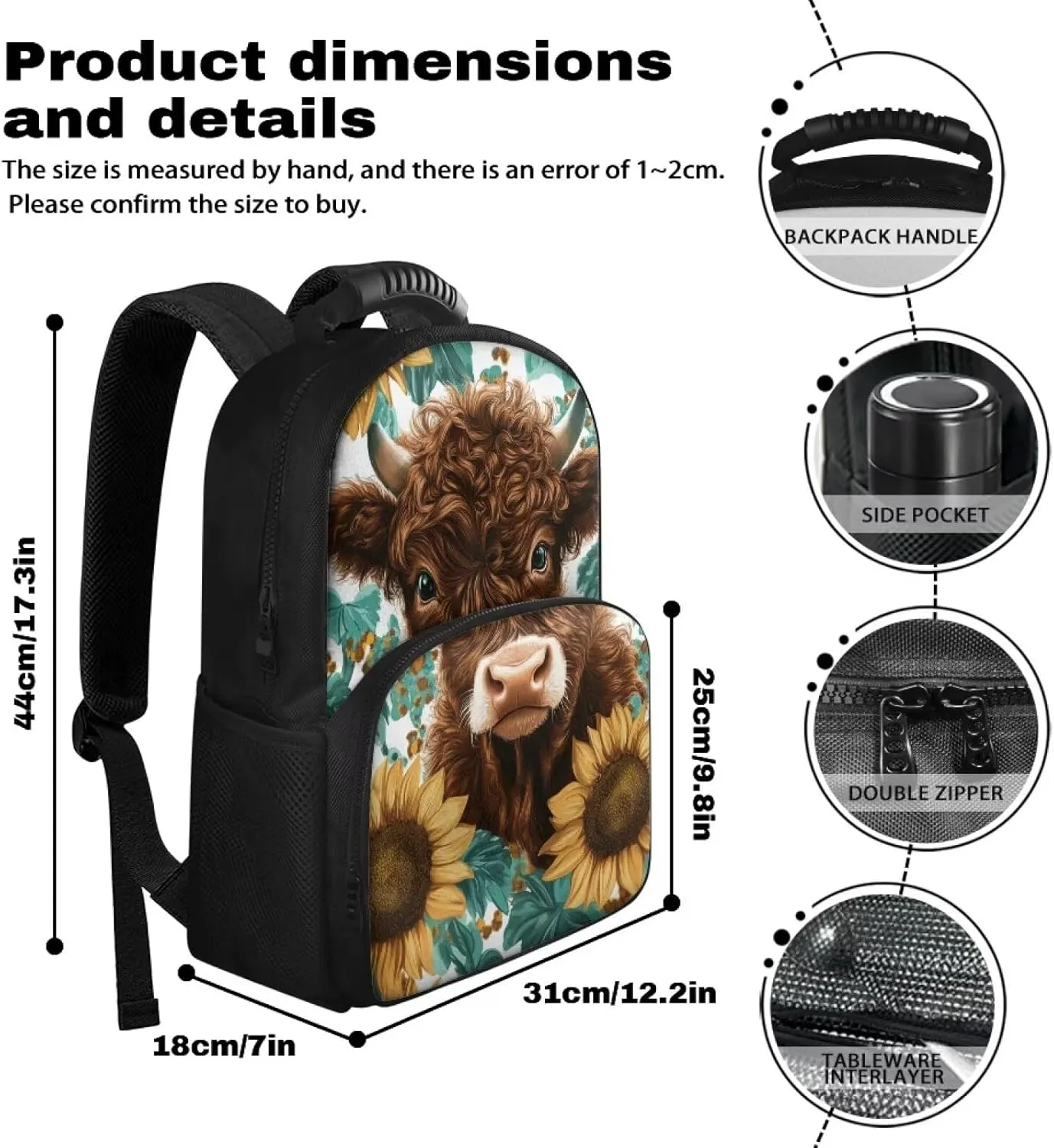COEQINE Highland Cow Backpack for Women with Lunch Box Compartment Insulated Lunch Box for Women Work Sunflower Handbag with handles