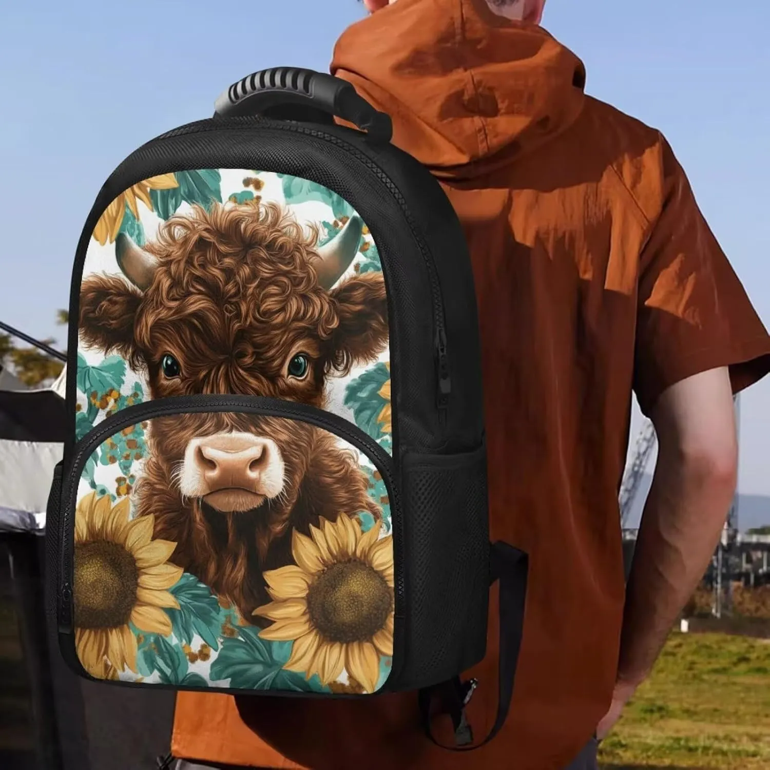 COEQINE Highland Cow Backpack for Women with Lunch Box Compartment Insulated Lunch Box for Women Work Sunflower Handbag with handles