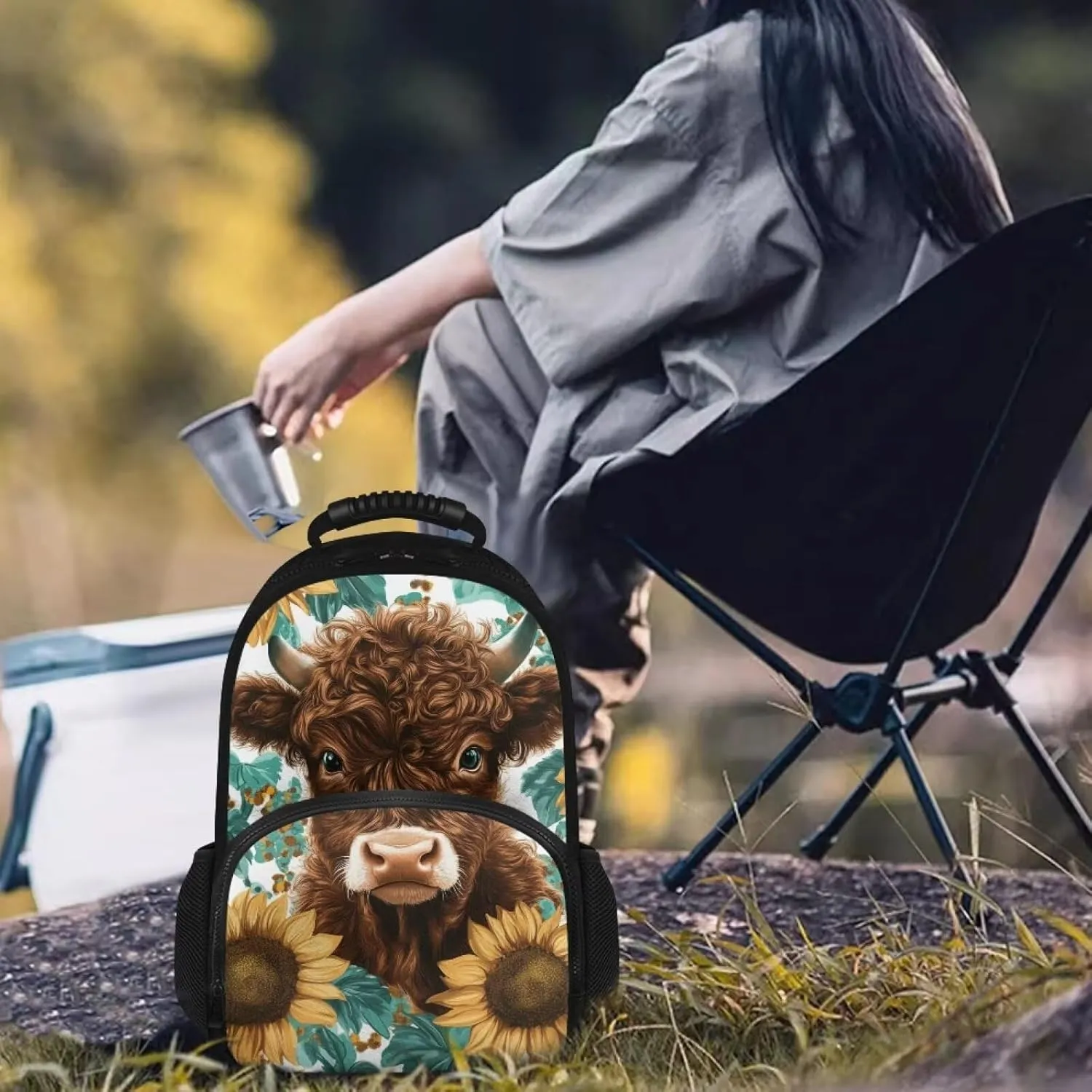 COEQINE Highland Cow Backpack for Women with Lunch Box Compartment Insulated Lunch Box for Women Work Sunflower Handbag with handles