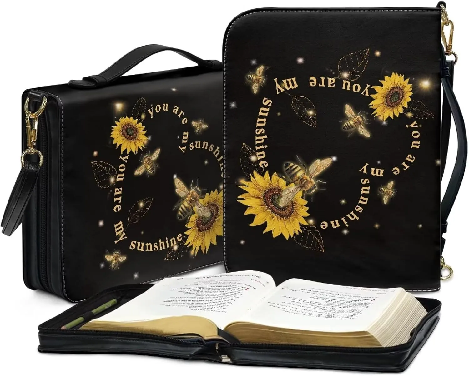 COEQINE Large Bible Covers for Women Sunflower Bible Case Bag with Shoulder Strap,Black Dustproof Waterproof Bible Book Cover Portable Handles for Travel,Your are My Sunshine Pattern