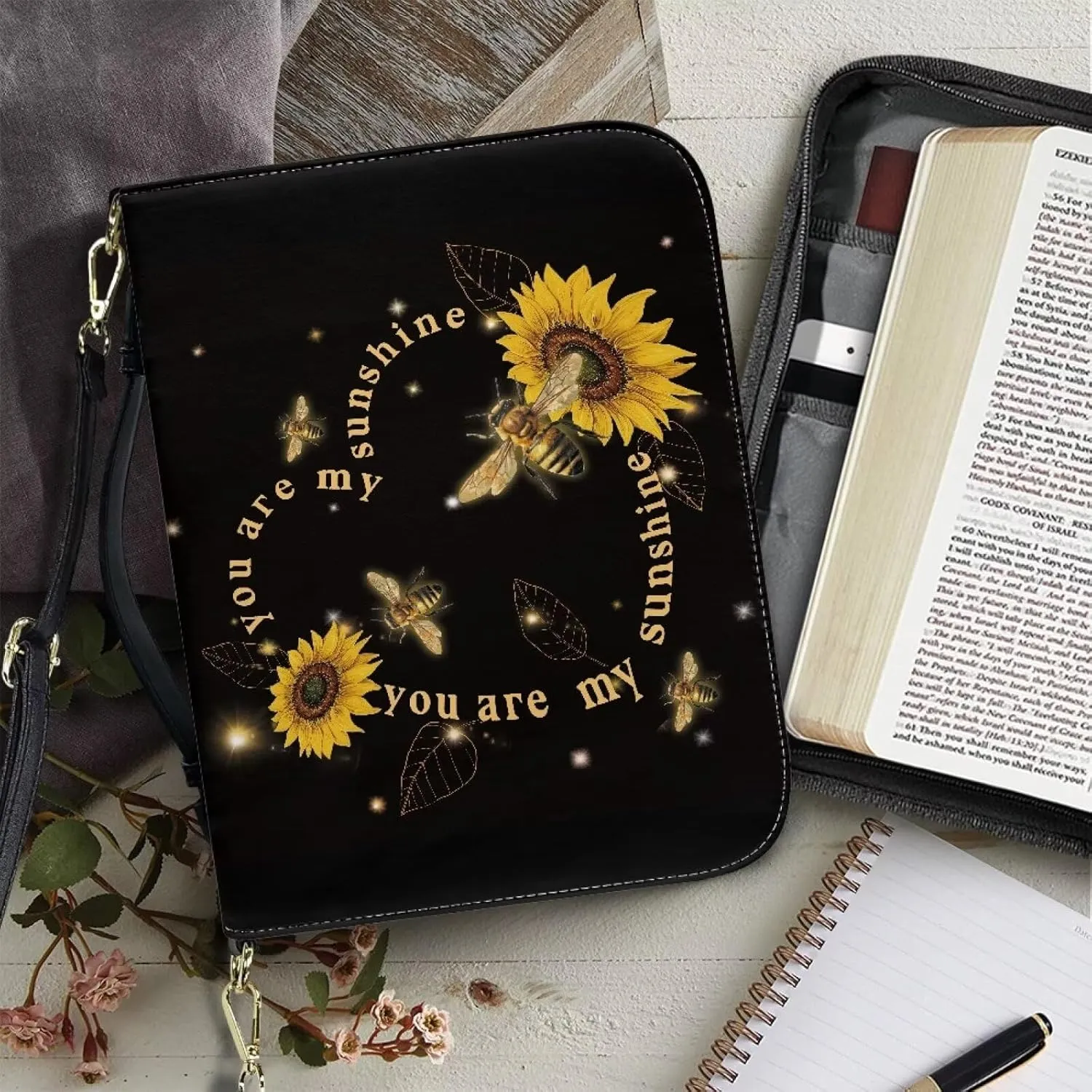 COEQINE Large Bible Covers for Women Sunflower Bible Case Bag with Shoulder Strap,Black Dustproof Waterproof Bible Book Cover Portable Handles for Travel,Your are My Sunshine Pattern