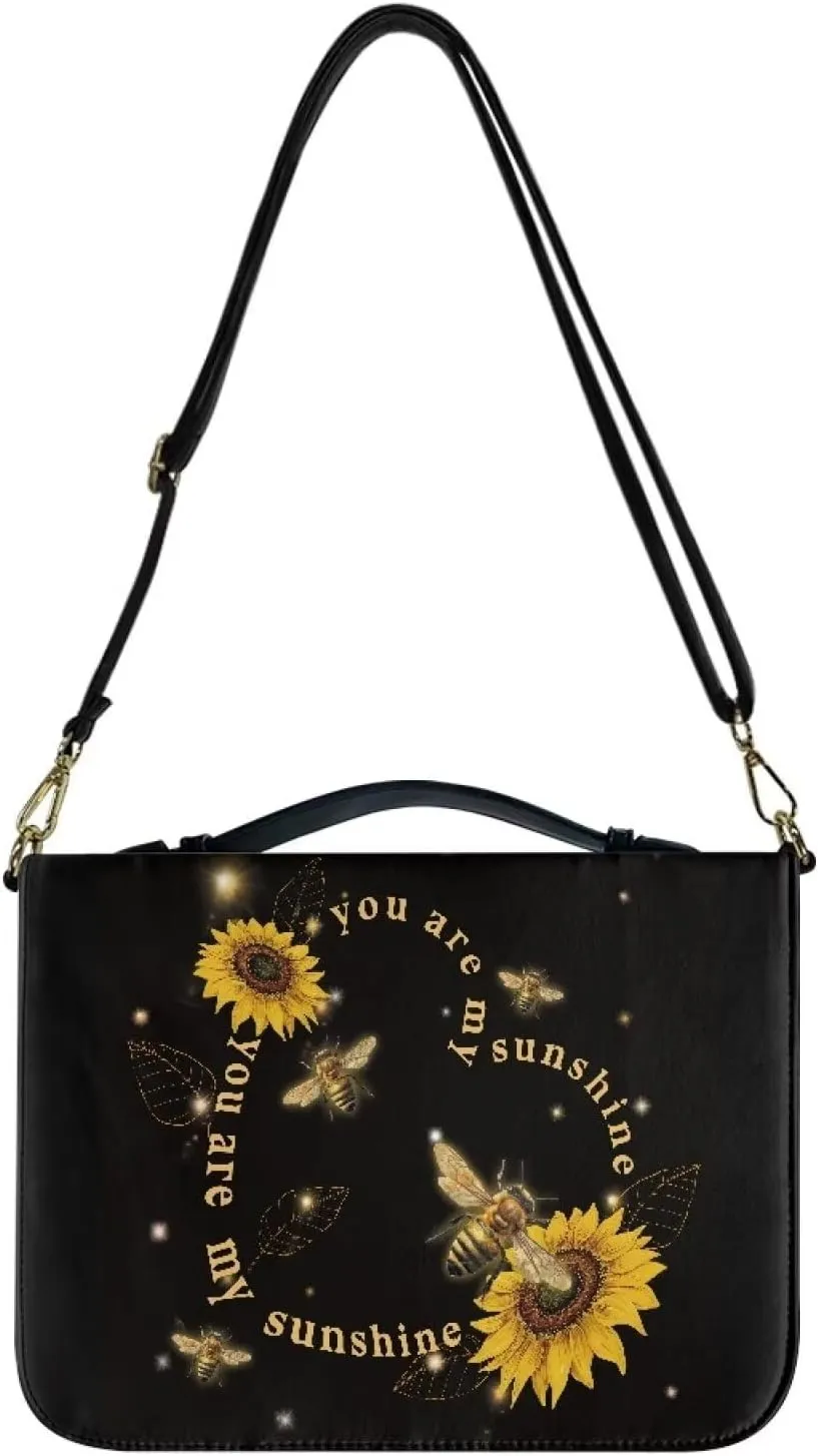 COEQINE Large Bible Covers for Women Sunflower Bible Case Bag with Shoulder Strap,Black Dustproof Waterproof Bible Book Cover Portable Handles for Travel,Your are My Sunshine Pattern