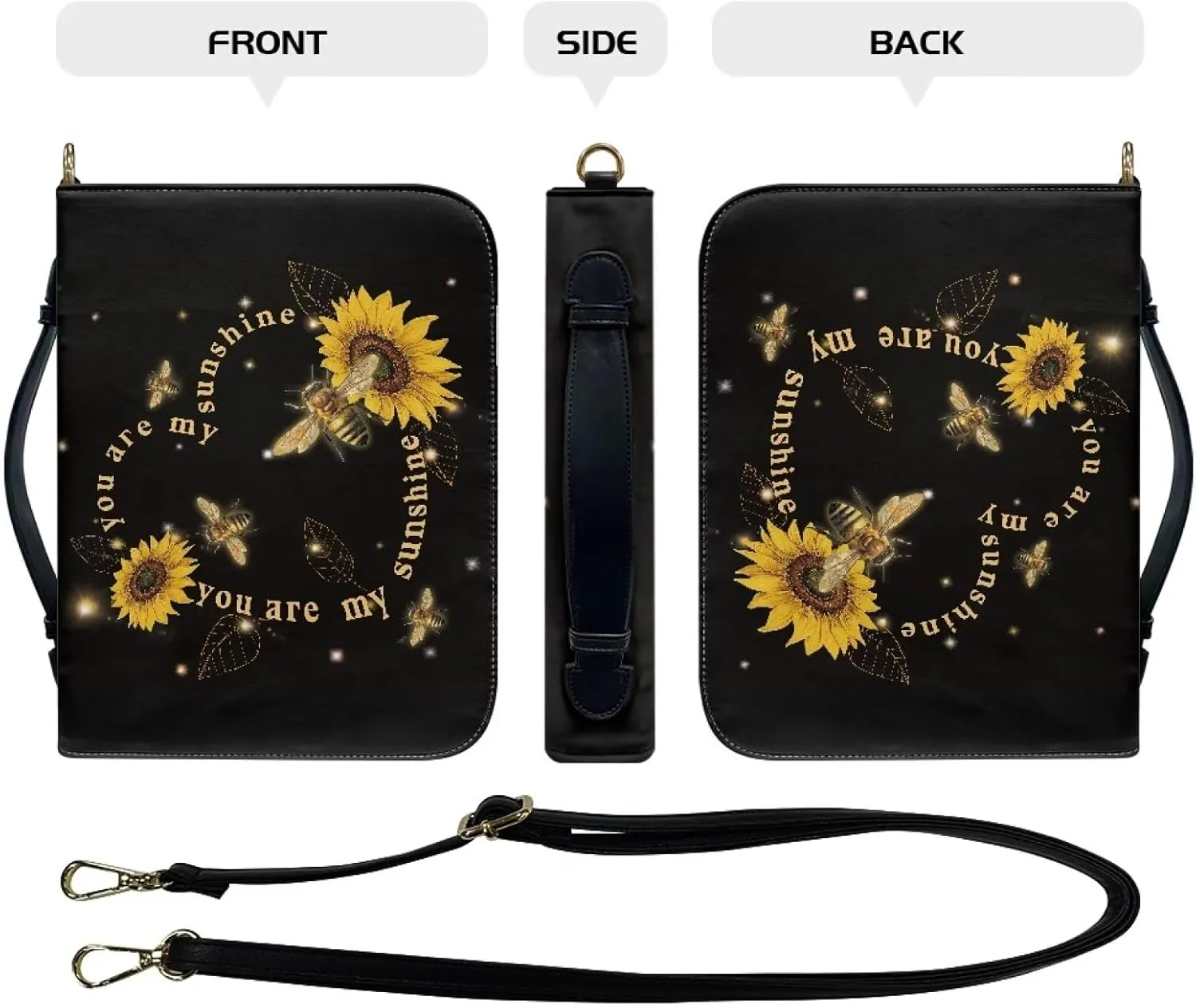 COEQINE Large Bible Covers for Women Sunflower Bible Case Bag with Shoulder Strap,Black Dustproof Waterproof Bible Book Cover Portable Handles for Travel,Your are My Sunshine Pattern