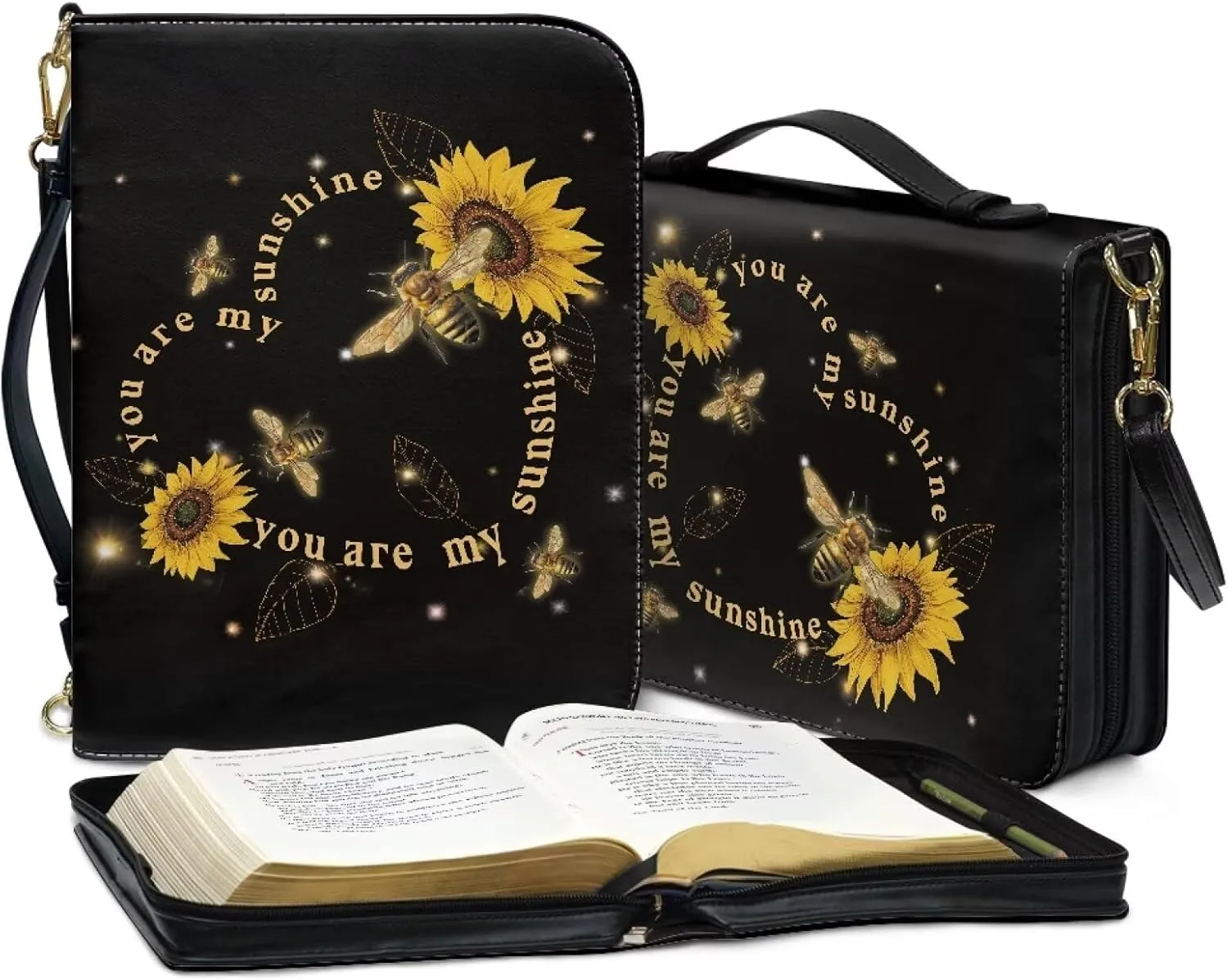 COEQINE Large Bible Covers for Women Sunflower Bible Case Bag with Shoulder Strap,Black Dustproof Waterproof Bible Book Cover Portable Handles for Travel,Your are My Sunshine Pattern