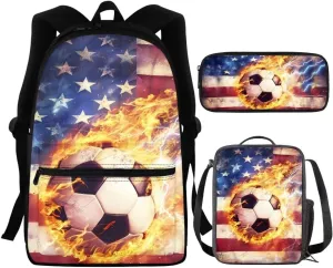 Coldinair American Flag Backpack for Boy Teens,Kids Football Fire Backpack with Lunch Box Fire Water Bookbags with Pencil Case for Elementary Middle School,Large Capacity