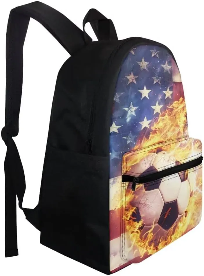 Coldinair American Flag Backpack for Boy Teens,Kids Football Fire Backpack with Lunch Box Fire Water Bookbags with Pencil Case for Elementary Middle School,Large Capacity