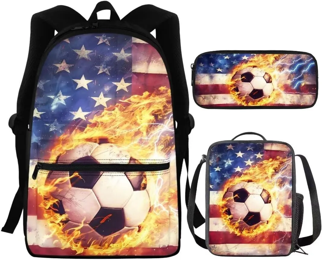 Coldinair American Flag Backpack for Boy Teens,Kids Football Fire Backpack with Lunch Box Fire Water Bookbags with Pencil Case for Elementary Middle School,Large Capacity