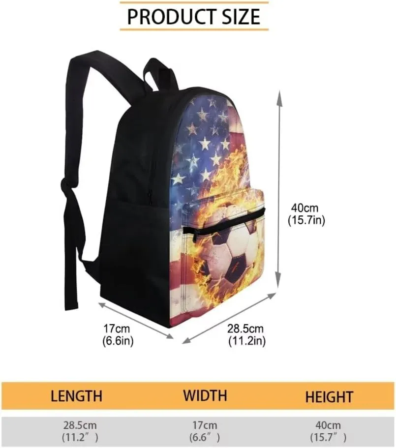 Coldinair American Flag Backpack for Boy Teens,Kids Football Fire Backpack with Lunch Box Fire Water Bookbags with Pencil Case for Elementary Middle School,Large Capacity