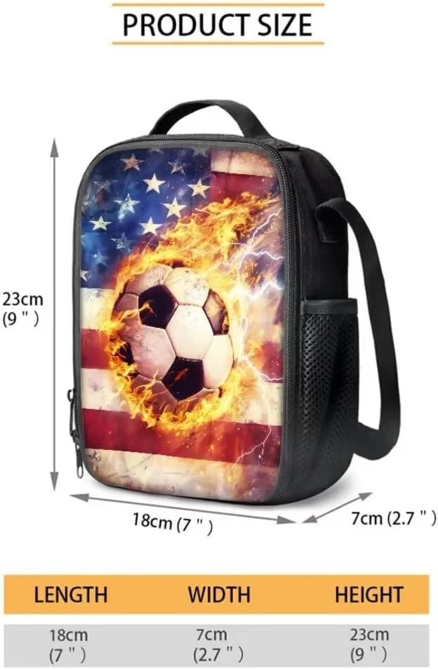 Coldinair American Flag Backpack for Boy Teens,Kids Football Fire Backpack with Lunch Box Fire Water Bookbags with Pencil Case for Elementary Middle School,Large Capacity