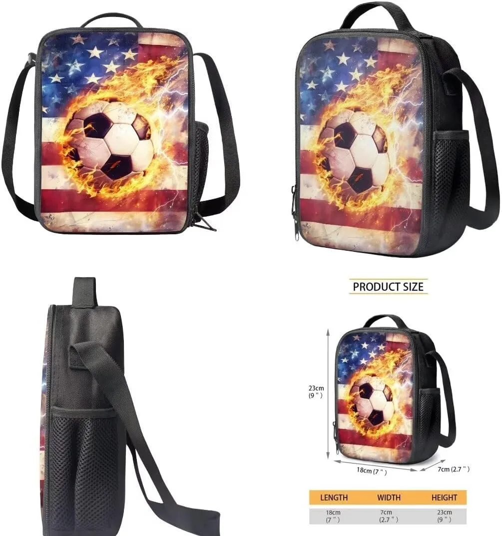 Coldinair American Flag Backpack for Boy Teens,Kids Football Fire Backpack with Lunch Box Fire Water Bookbags with Pencil Case for Elementary Middle School,Large Capacity