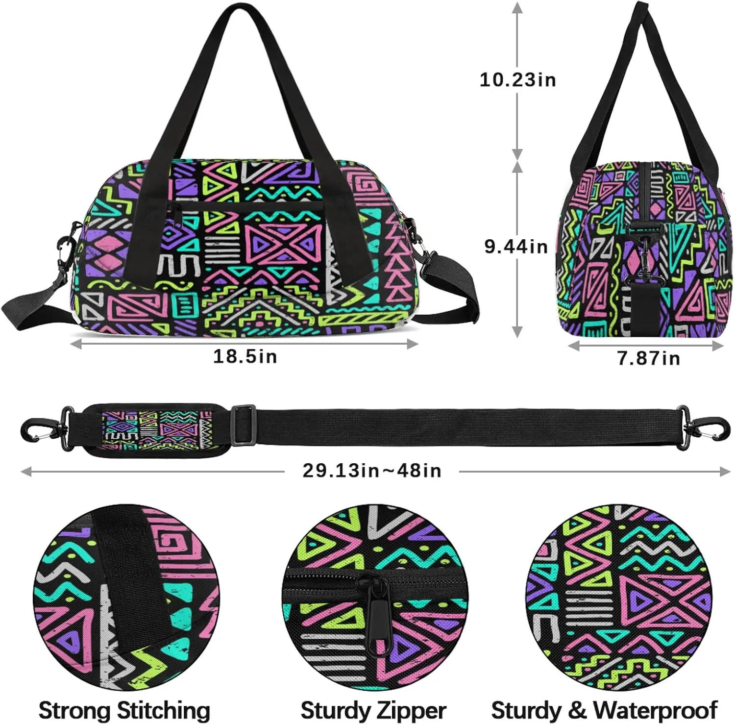 Colorful African Ethnic Pattern Kids Duffel Bag Lightweight Waterproof Sports Gym Bag with Front Zipper Pocket Foldable Weekender Overnight Bag for School Practice Gymnastic Ballet