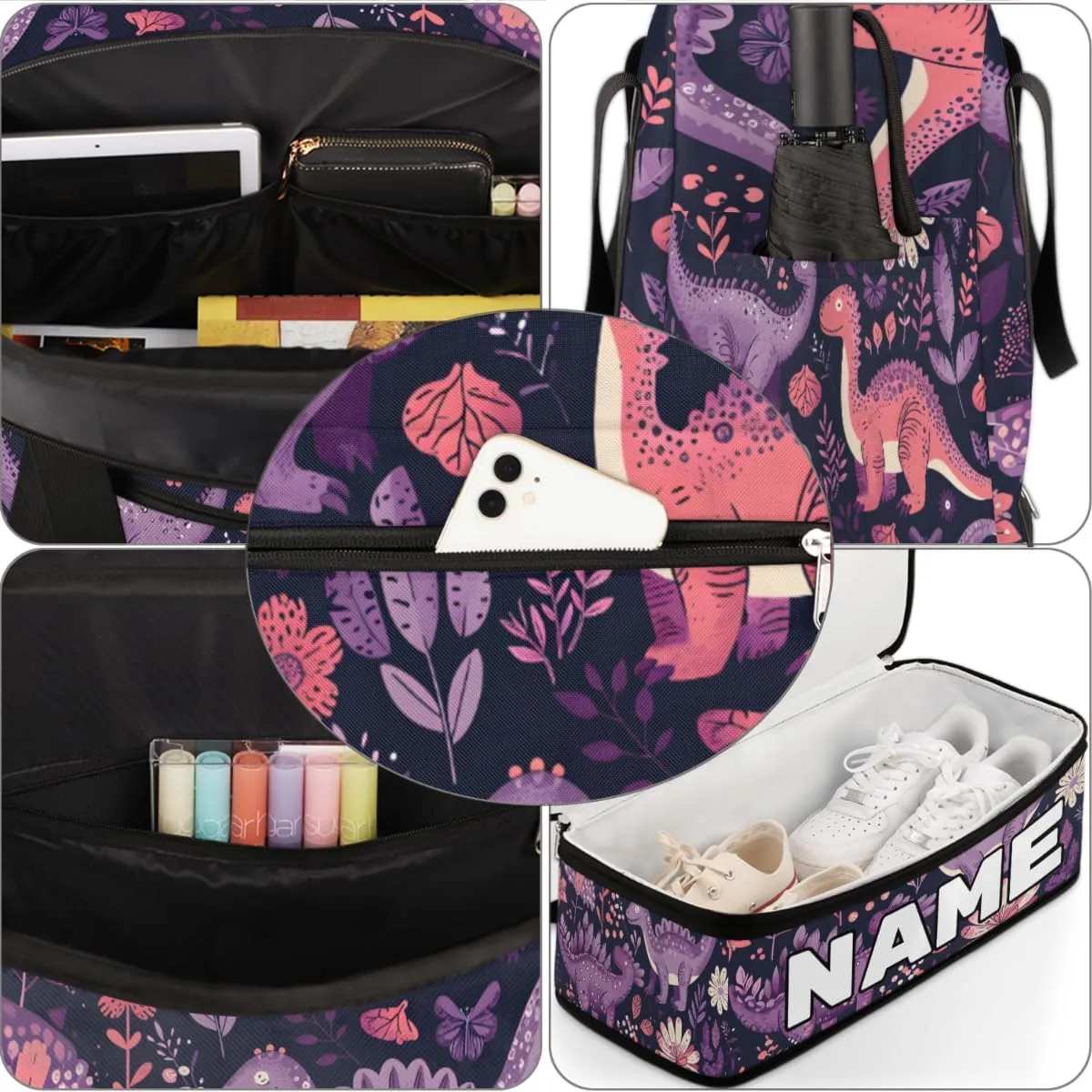 Colorful Dinosaurs Custom Foldable Duffle Bag with Shoes Compartment Personalized Large Capacity Waterproof Travel Weekender Bag Overnight Bag for Sports Gym