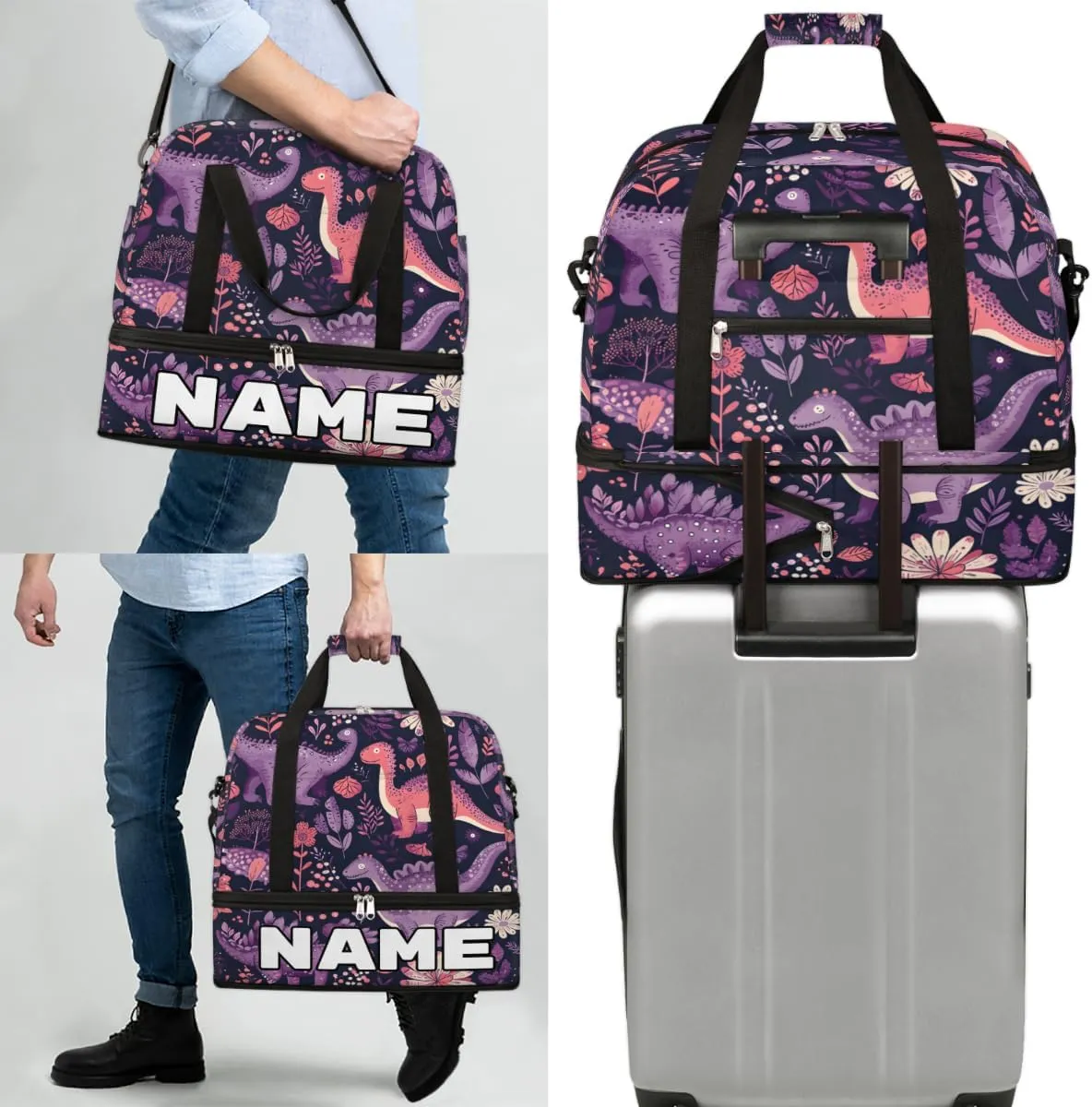 Colorful Dinosaurs Custom Foldable Duffle Bag with Shoes Compartment Personalized Large Capacity Waterproof Travel Weekender Bag Overnight Bag for Sports Gym