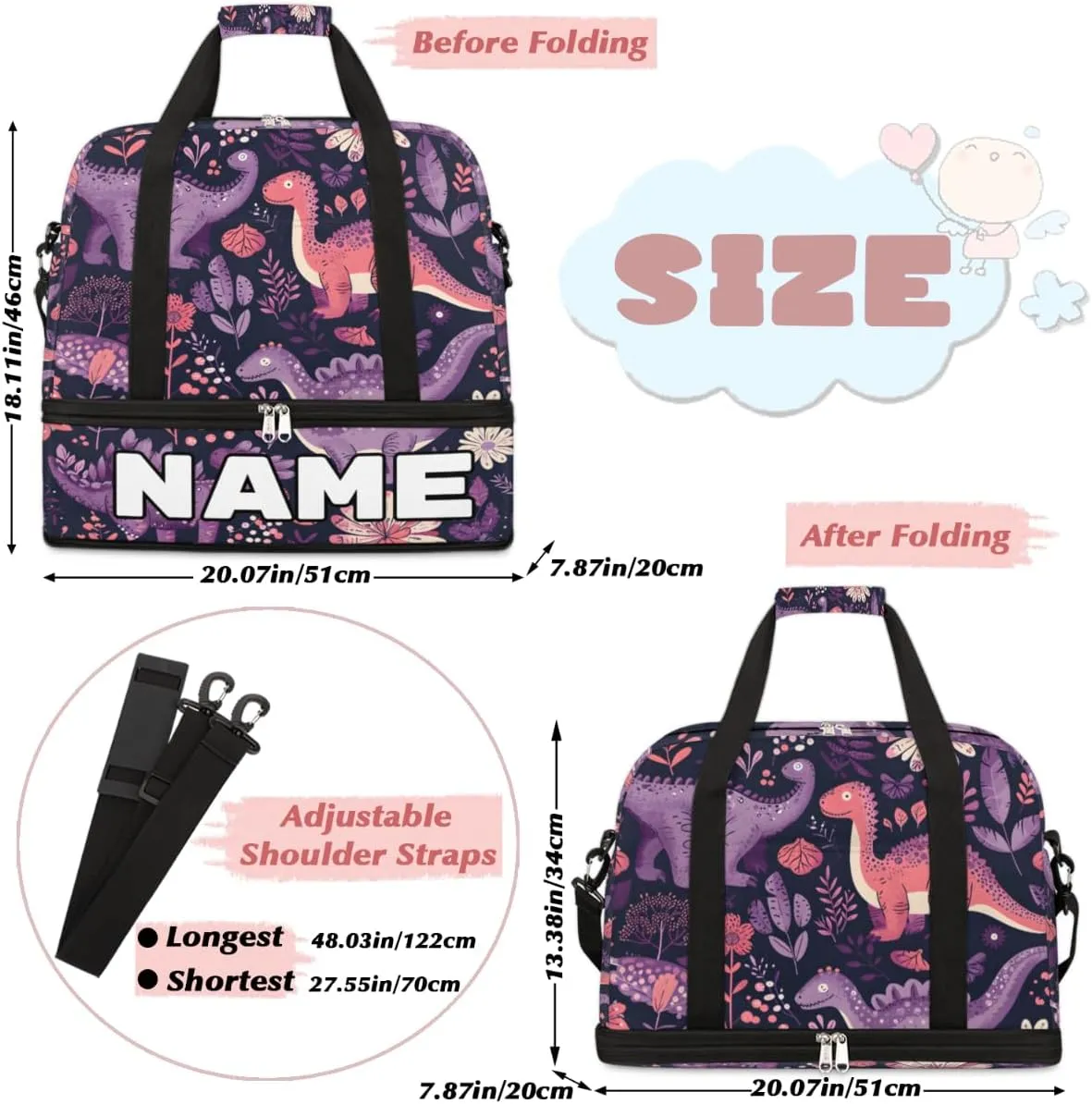 Colorful Dinosaurs Custom Foldable Duffle Bag with Shoes Compartment Personalized Large Capacity Waterproof Travel Weekender Bag Overnight Bag for Sports Gym