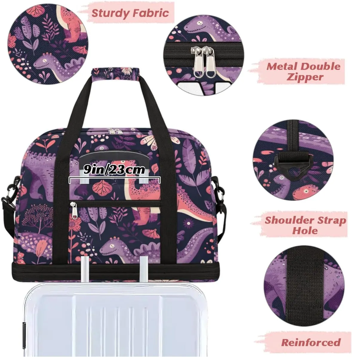 Colorful Dinosaurs Custom Foldable Duffle Bag with Shoes Compartment Personalized Large Capacity Waterproof Travel Weekender Bag Overnight Bag for Sports Gym
