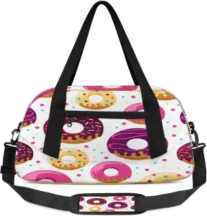 Colorful Donuts Kids Duffel Bag Lightweight Waterproof Sports Gym Bag with Front Zipper Pocket Foldable Weekender Overnight Bag for School Practice Gymnastic Ballet