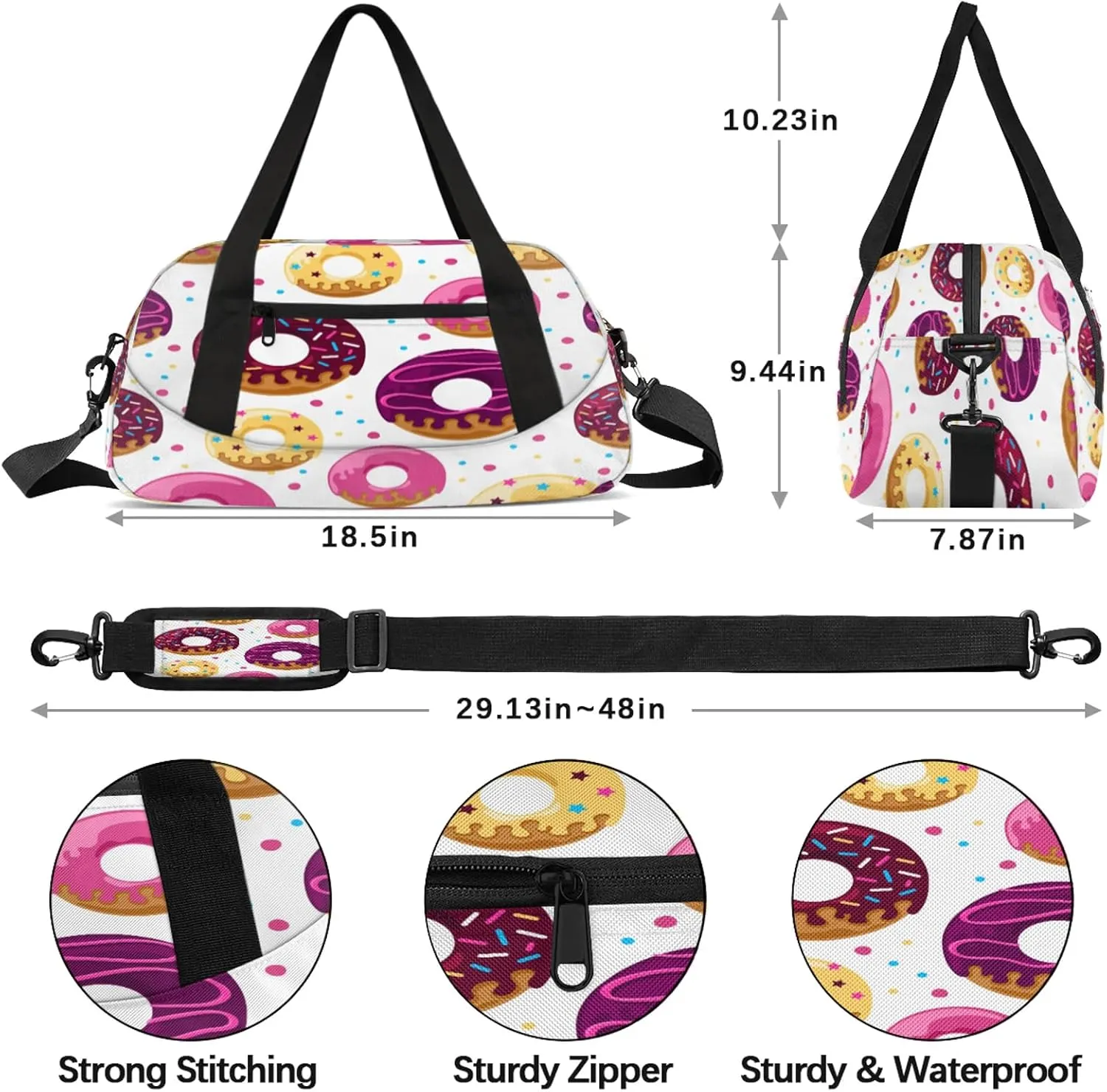 Colorful Donuts Kids Duffel Bag Lightweight Waterproof Sports Gym Bag with Front Zipper Pocket Foldable Weekender Overnight Bag for School Practice Gymnastic Ballet