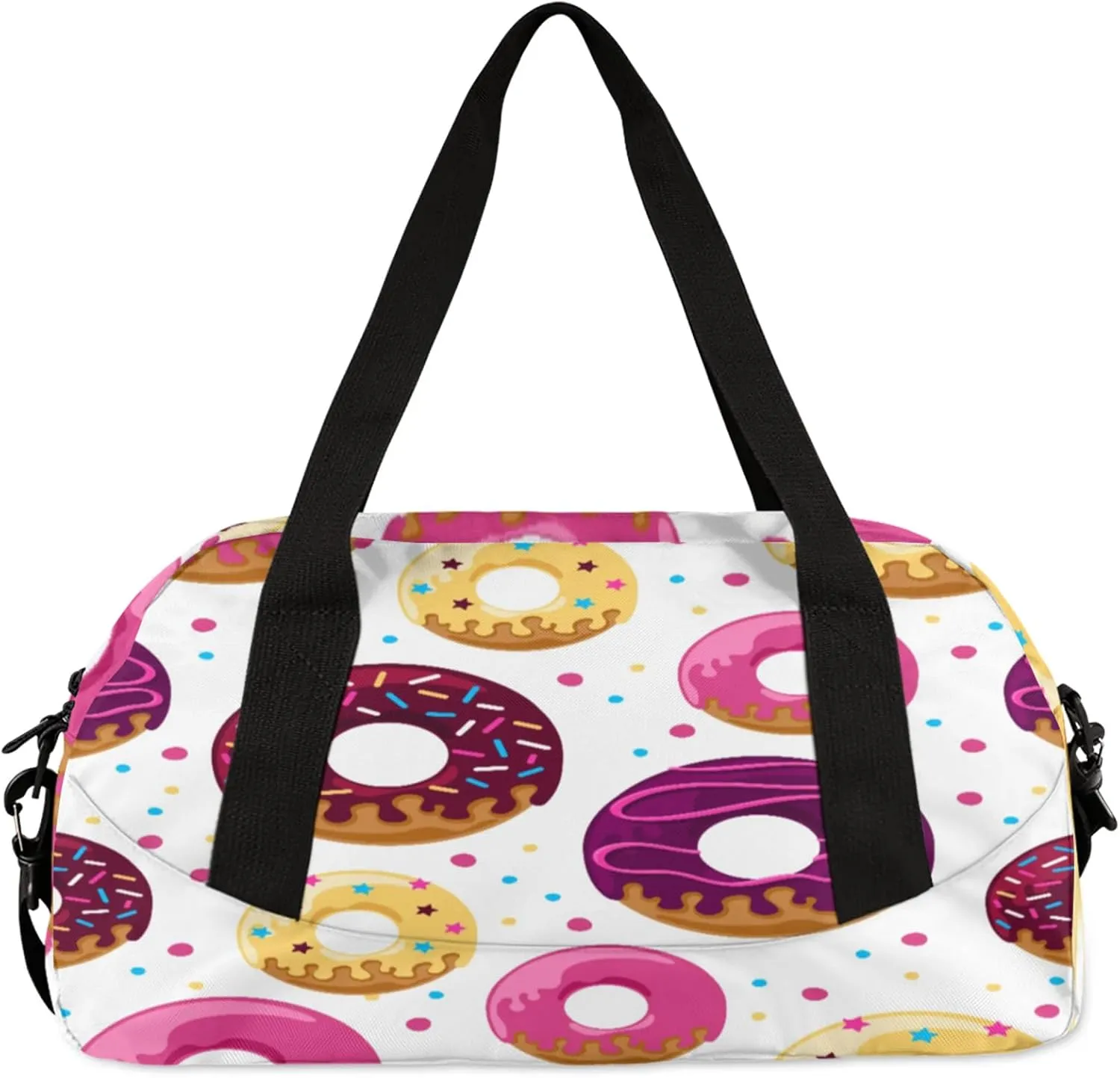 Colorful Donuts Kids Duffel Bag Lightweight Waterproof Sports Gym Bag with Front Zipper Pocket Foldable Weekender Overnight Bag for School Practice Gymnastic Ballet
