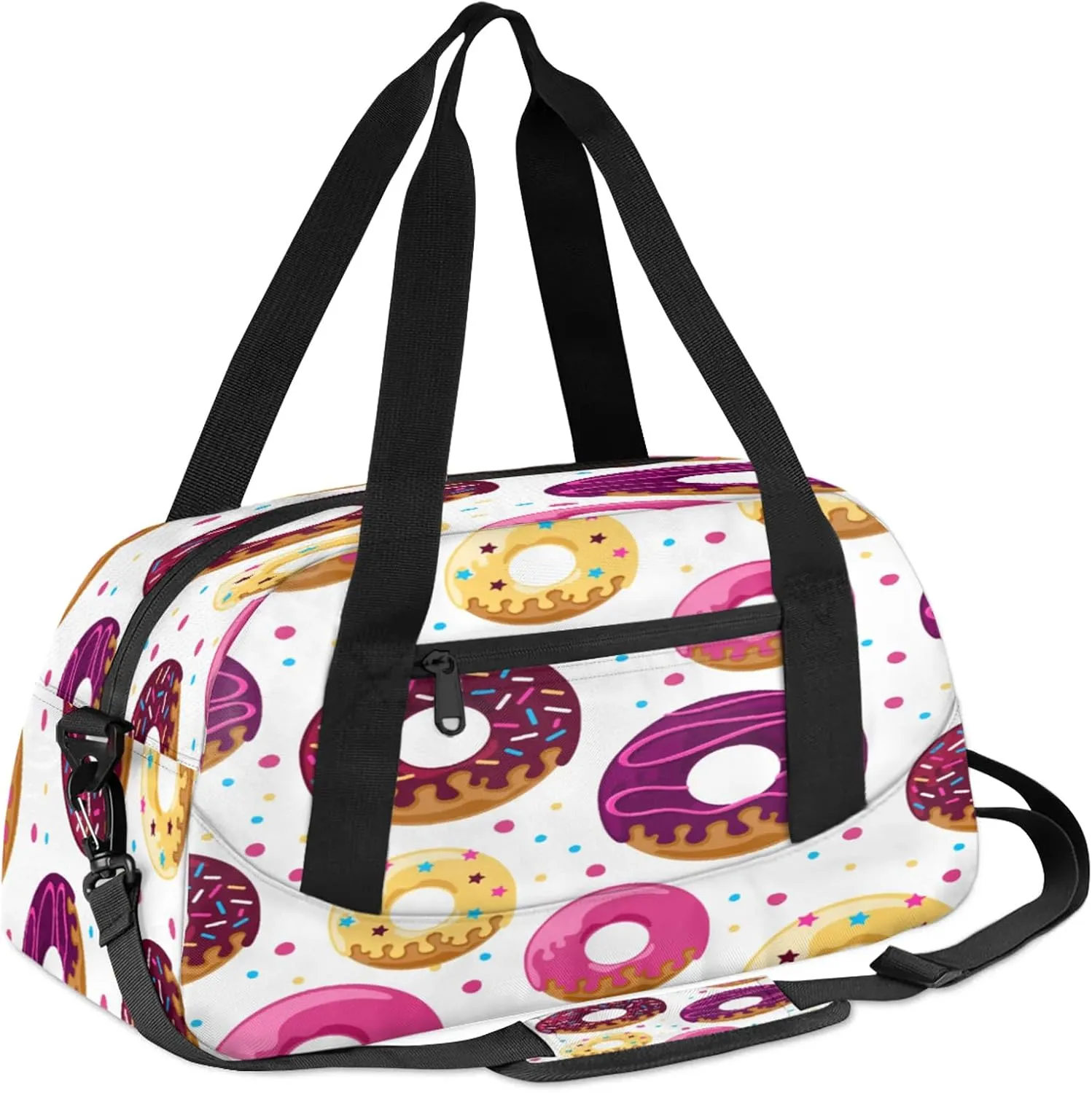 Colorful Donuts Kids Duffel Bag Lightweight Waterproof Sports Gym Bag with Front Zipper Pocket Foldable Weekender Overnight Bag for School Practice Gymnastic Ballet
