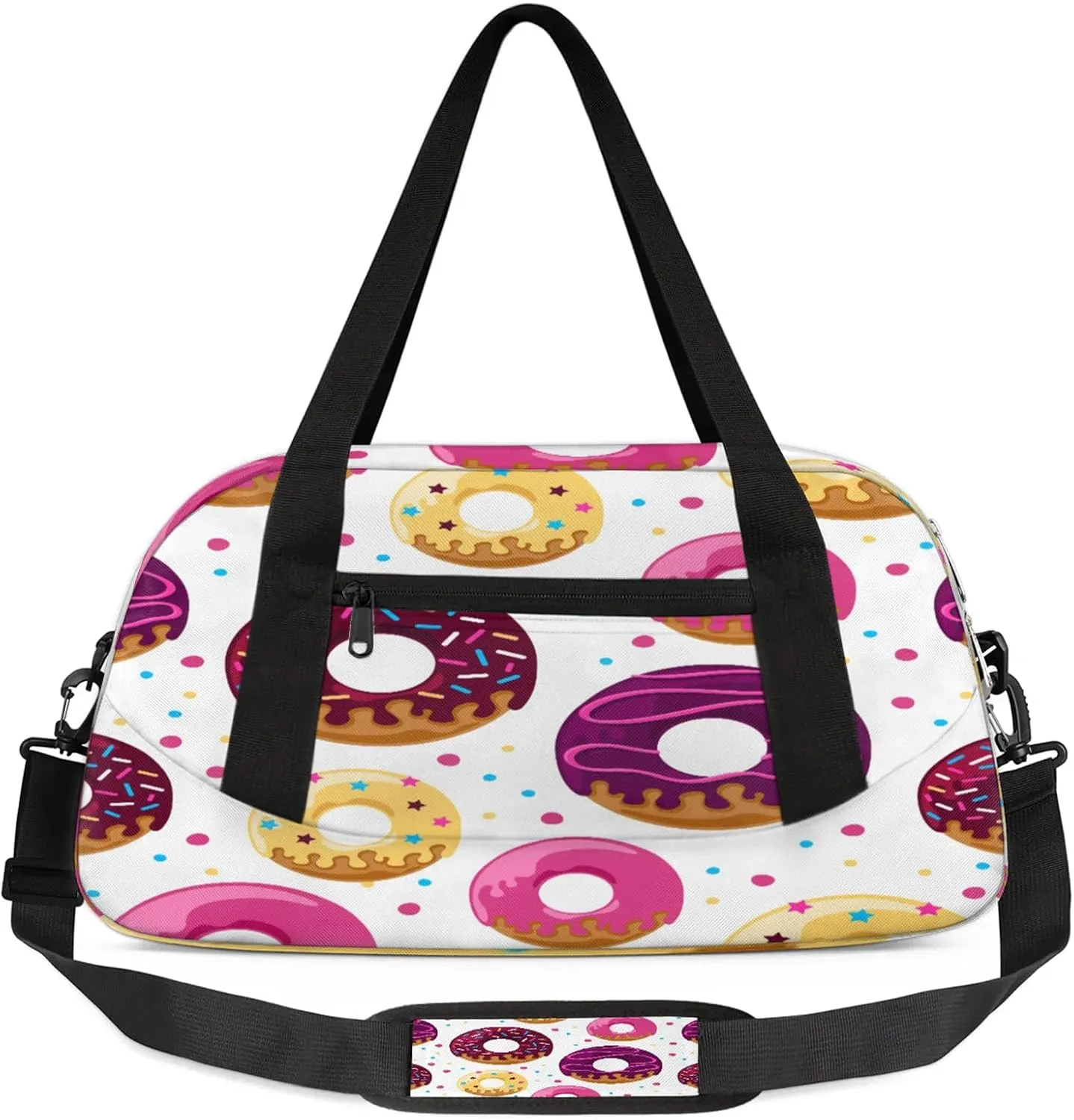 Colorful Donuts Kids Duffel Bag Lightweight Waterproof Sports Gym Bag with Front Zipper Pocket Foldable Weekender Overnight Bag for School Practice Gymnastic Ballet