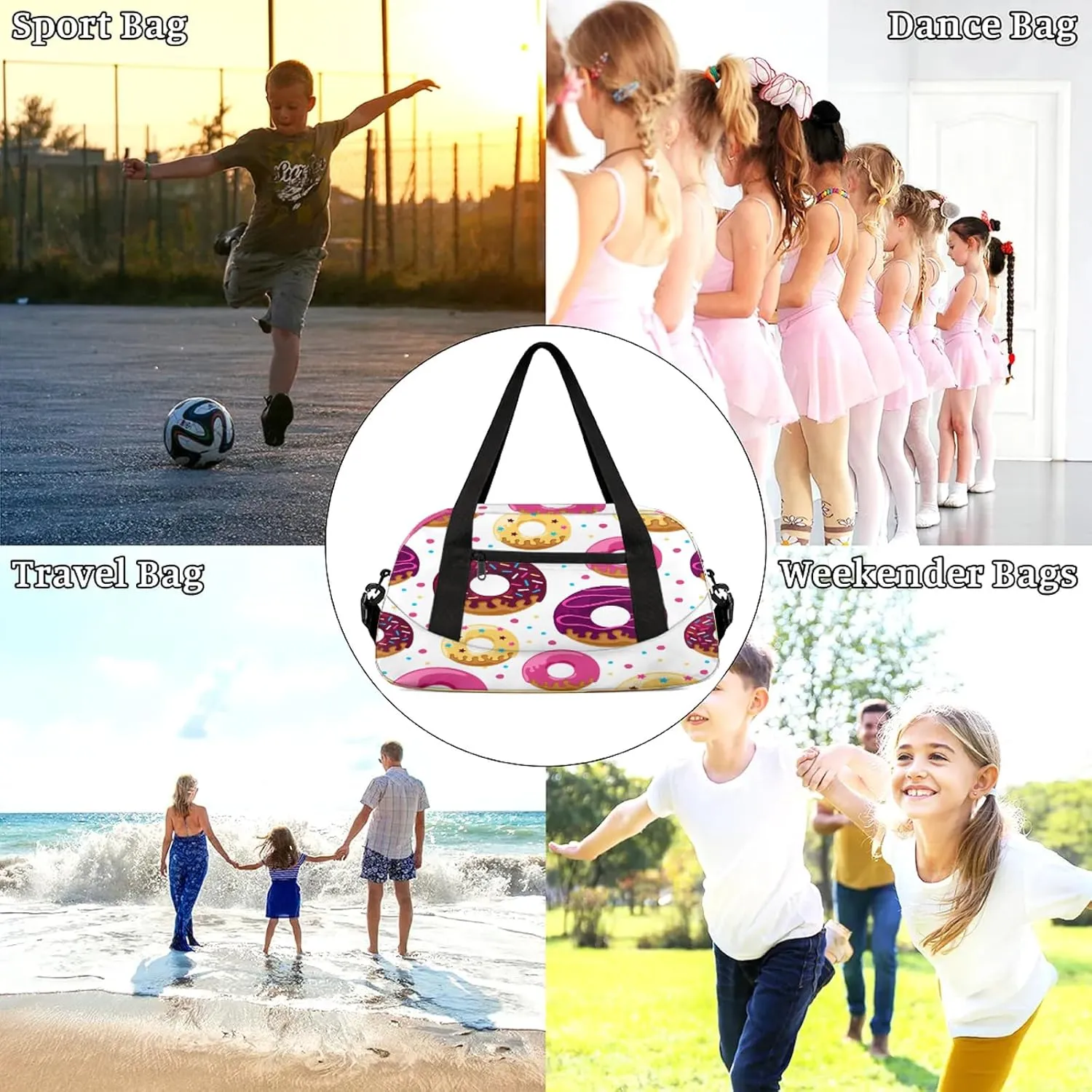 Colorful Donuts Kids Duffel Bag Lightweight Waterproof Sports Gym Bag with Front Zipper Pocket Foldable Weekender Overnight Bag for School Practice Gymnastic Ballet