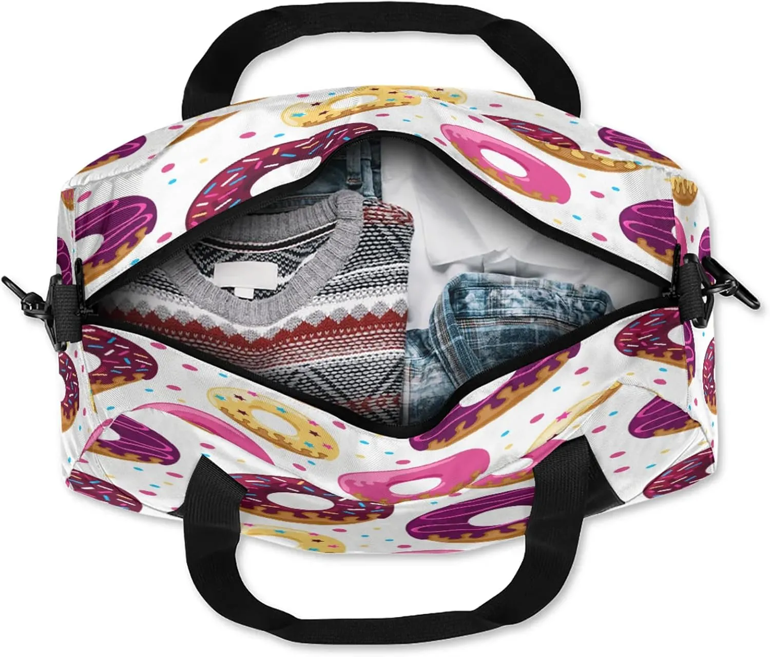 Colorful Donuts Kids Duffel Bag Lightweight Waterproof Sports Gym Bag with Front Zipper Pocket Foldable Weekender Overnight Bag for School Practice Gymnastic Ballet