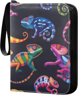 Colorful Lizard Black Card Binder 4 Pocket Trading Card Binder Portable Cards Collection Book with Zipper